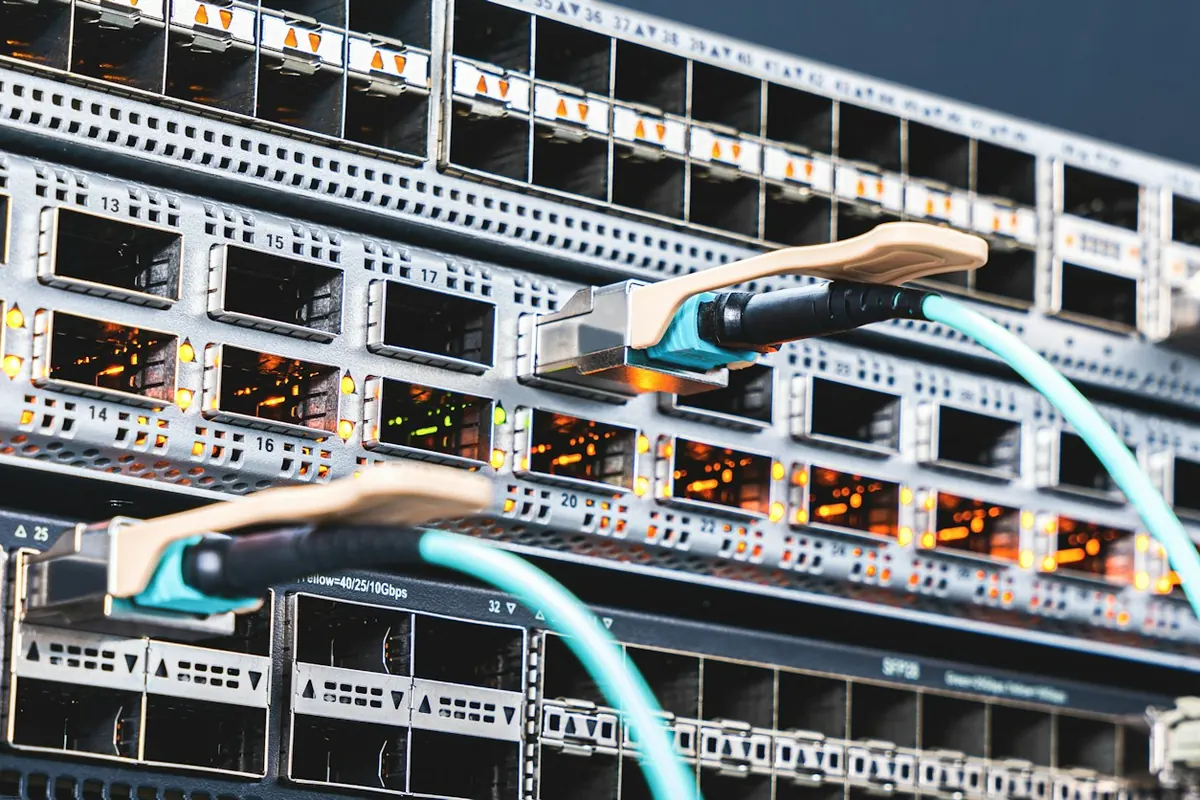 Network switch with fiber cables connected