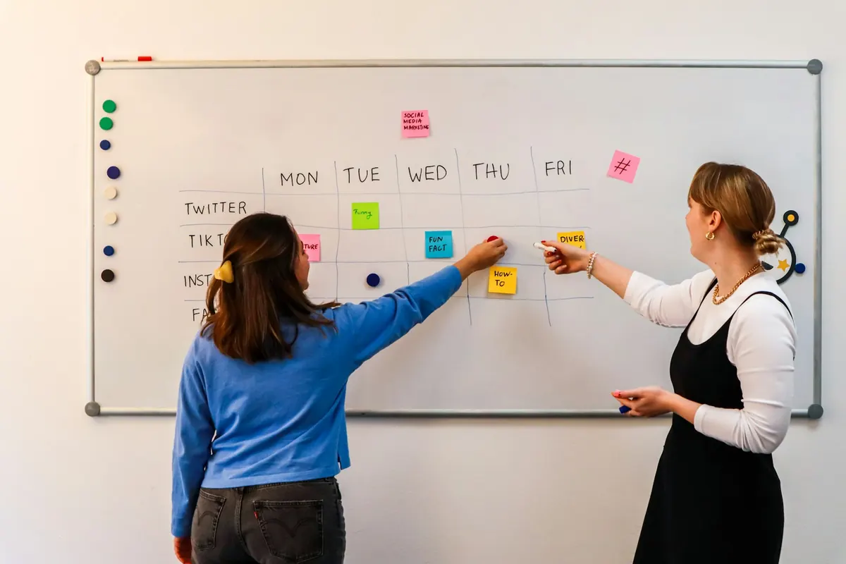 Dos personas organizando tareas en una pizarra semanal